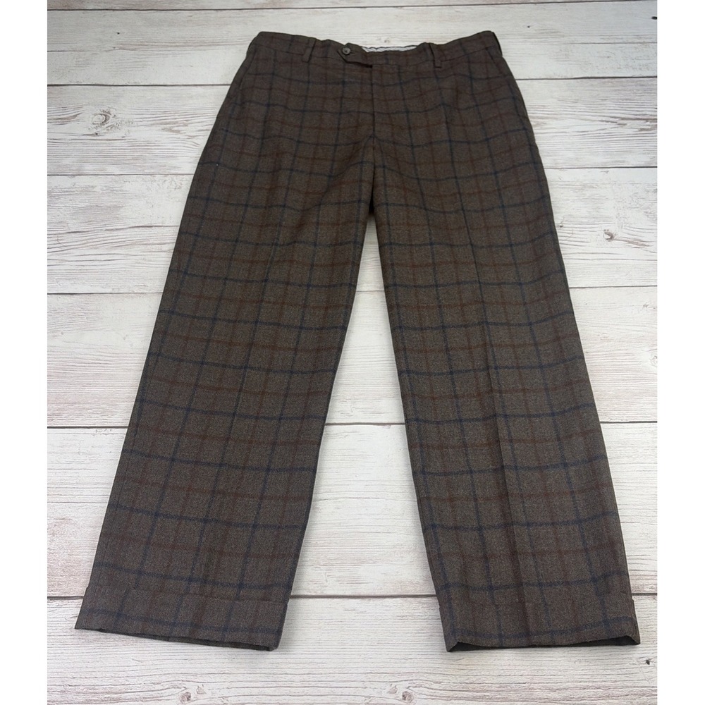 Vintage 80s Berle Men's 36 Brown Plaid Wool Dress Pants Pleated Cuffed Hem